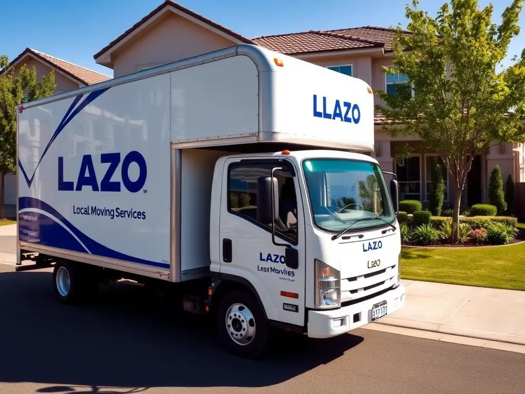 A photo of a moving truck with the 株式会社 LAZO logo on the side, parked in front of a suburban house during a local move.