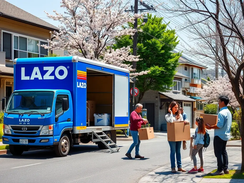 A photograph depicting a local moving scene with LAZO's branded truck in a residential area of Tokyo, showcasing a family happily watching the movers load their belongings.