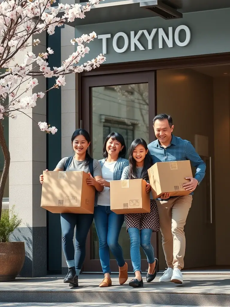 A smiling family carrying boxes into their new home in Tokyo, Japan, with cherry blossoms in the background, representing local moving services.