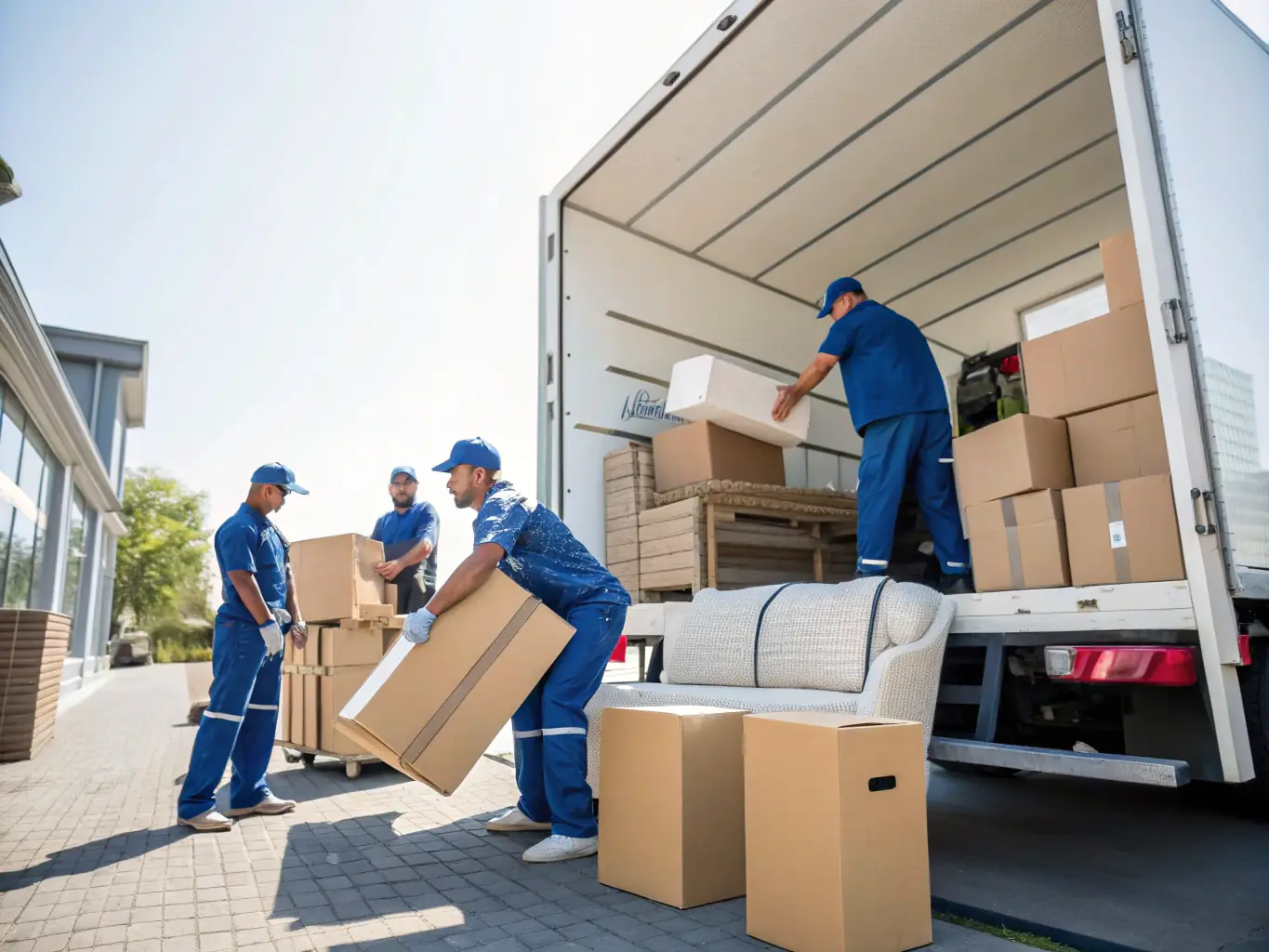 A photo of a moving crew carefully loading furniture into a truck for a long-distance move, with a scenic landscape in the background.